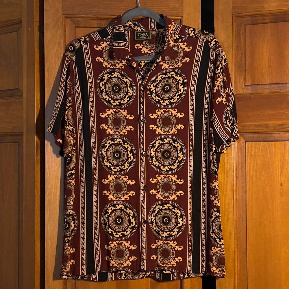 Men's Casa Moda Couture Versace-Inspired Baroque Shirt Size M Greek Key Pattern